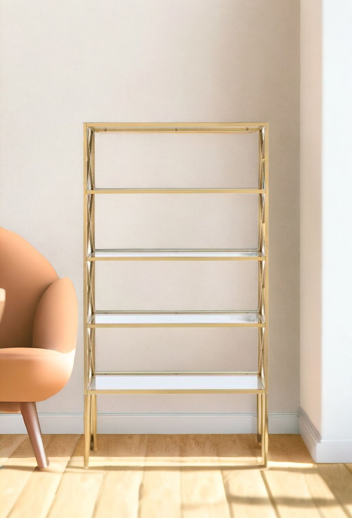 77" Gold Metal And Glass Four Tier Etagere Bookcase